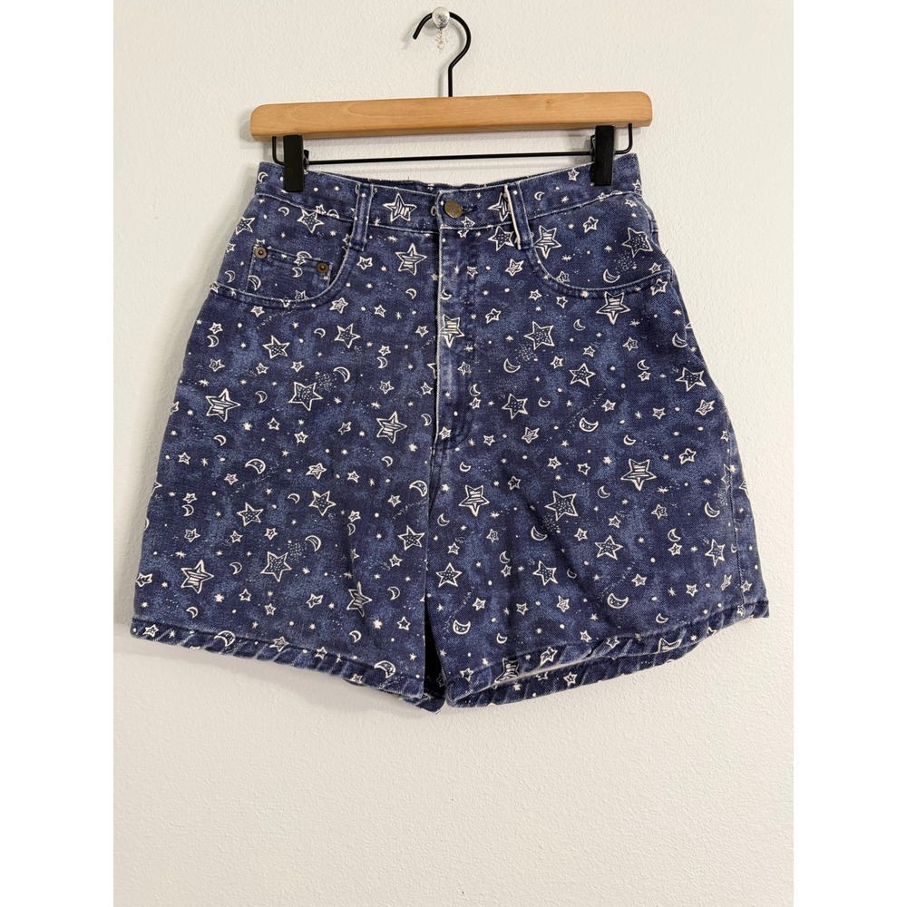 Vintage 90's- High Waist Denim Shorts Celestial Print 100% Cotton‎ Made in USA